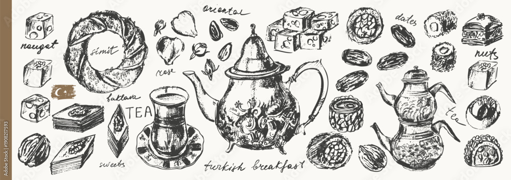 Fototapeta premium Traditional Turkish tea ink sketches set. Teapot, glass, dates, nuts, sweets, baklava, locum, nougat. For food background, cafe menu