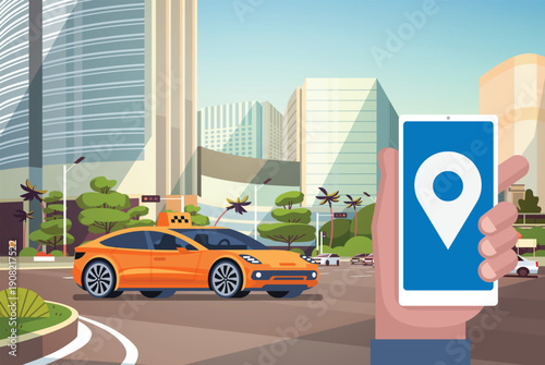 modern flat vector illustration of an online taxi booking service. The image features a bright orange taxi car parked in front of a bustling city skyline with skyscrapers and a clear blue sky.