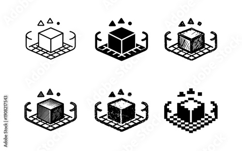 Collection of cube icons representing 3D modeling and digital design concepts