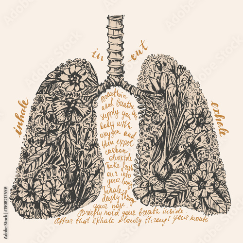 Human lungs floral decorative vector illustration. Internal body organ anatomy health concept. Lifestyle and medical creative drawing poster with flowers.