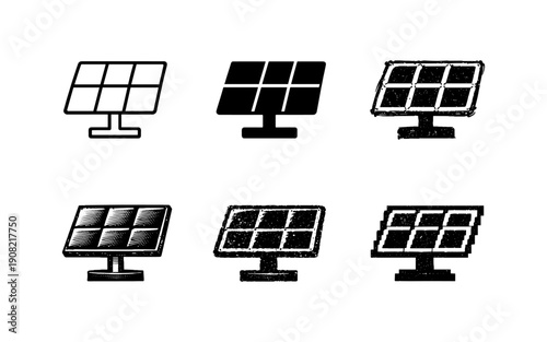 Collection of solar panel icons in various artistic styles for renewable energy concepts