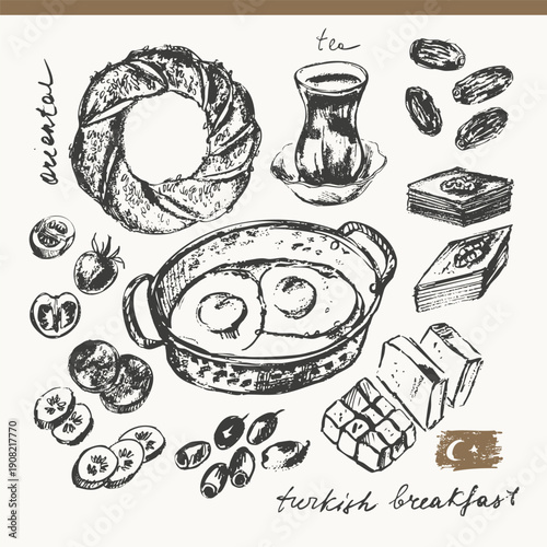 Traditional Turkish breakfast ink sketches set. Tea glass, eggs, olives, feta cheese, simit bagel, dates, nuts, sweets, baklava. For food background, cafe menu