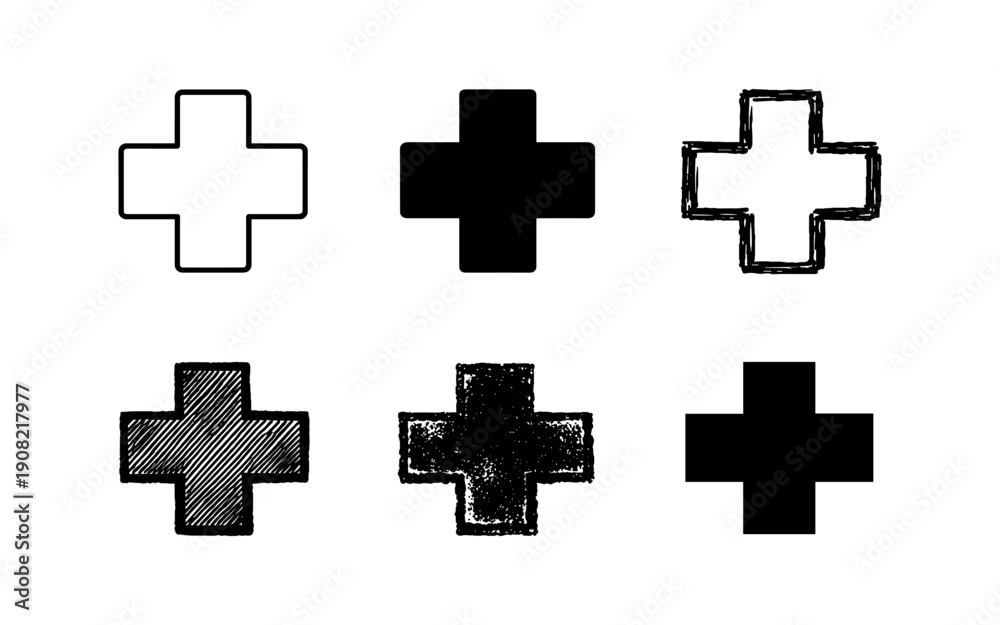 Fototapeta premium Collection of six different plus sign icons in various styles and textures on a white background