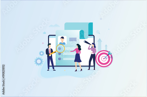 businessmen pulling a giant rising arrow toward a bullseye target. Flat vector illustration representing teamwork, business growth strategy, financial success, and achieving corporate goals.