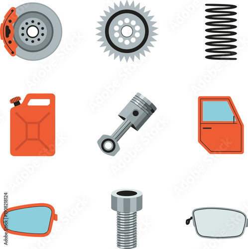 Automotive parts flat icon set, brake disc, gear wheel, spring, piston, fuel can, car door, mirror, bolt