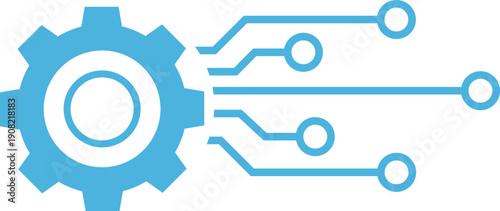 Blue gear connected to digital circuit board lines and nodes cogwheel technology