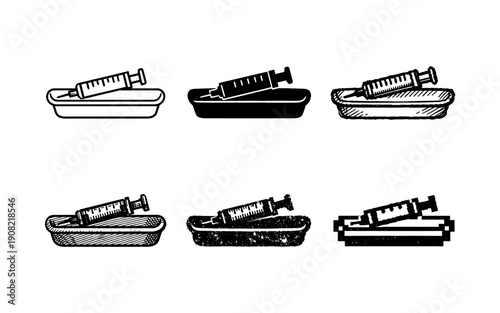 Collection of syringe icons in a tray, representing medical treatment and healthcare services