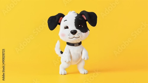 Cartoon dog dancing happy on yellow background, 3D animation, seamless loop.