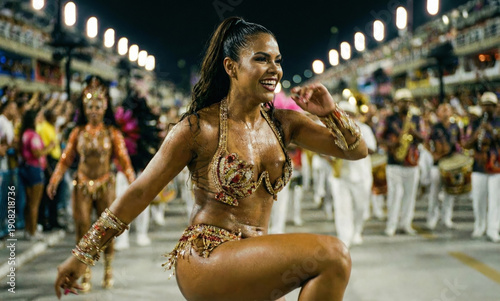 Brazilian samba dancer dancing in the middle of a Brazilian carnival parade on the avenue with her arms raised in the air - passista brasileira sambando em meio a desfile de carnaval brasileiro
