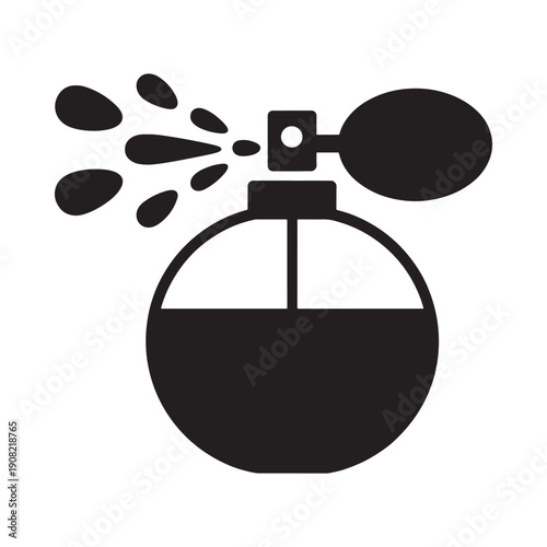 Simple black silhouette of a vintage perfume bottle spraying liquid