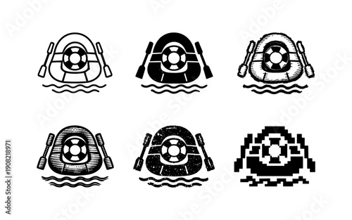 Collection of inflatable raft icons with paddles and life preserver on water