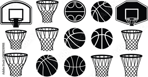 Basketball hoop and ball icon set, black silhouette sports collection, backboard net symbols isolated on white background