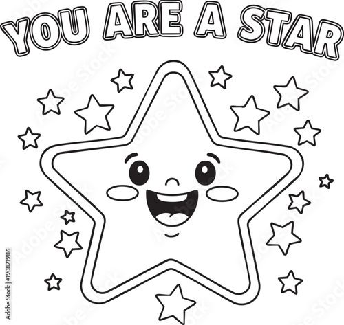 Cute cartoon star character with happy expression and surrounding smaller stars and text You Are