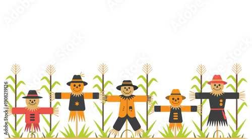 Scarecrows in a cornfield, autumn harvest setting, ripe corn stalks