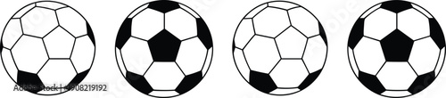 Soccer ball vector set, black and white football icon collection, classic sports design illustration, game equipment for training, match use.