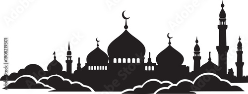 Islamic crescent moon and stars silhouette with mosque landscape