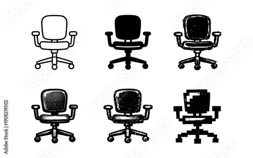 Collection of six different office chair illustrations in various artistic styles