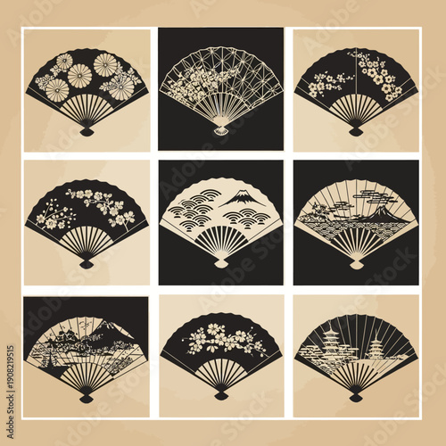 Japanese vector folding fans set with traditional patterns: cherry blossoms, chrysanthemums, Fuji mountain, landscapes, black and white, isolated on white