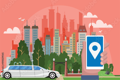 Modern flat vector illustration of an online taxi booking service. The image features a bright orange taxi car parked in front of a bustling city skyline with skyscrapers and a clear blue sky.