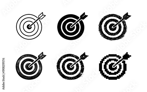 Collection of six different dartboard and arrow icons representing targets and accuracy
