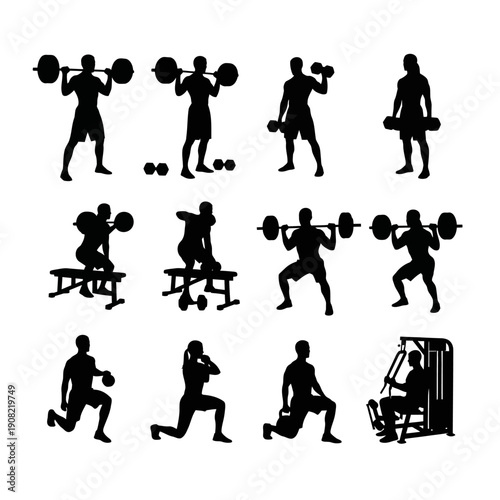 Vector black silhouettes of people lifting weights, doing squats, lunges, and various gym exercises, isolated on white
