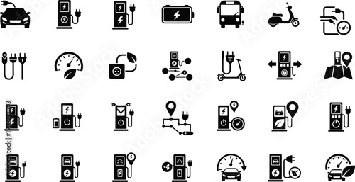 Electric vehicle charging and mobility icon set, EV cars, chargers, batteries, scooters, buses, eco transport symbols, clean energy technology, smart transportation, black and white vector 