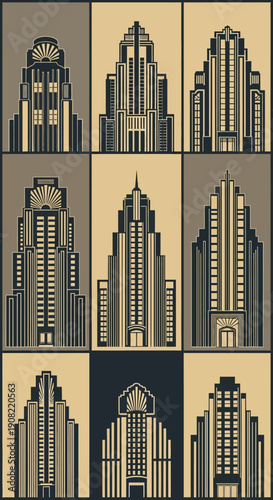 Art Deco Skyscraper Vector Set, 1920s Architecture, Geometric Building Silhouettes, Beige and Brown Tones, Vintage Cityscape Elements