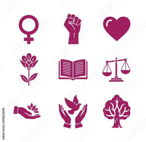 Purple icons representing feminism love and environmental conservation on white background
