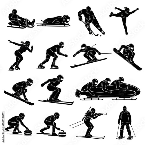 Vector black silhouettes of winter sports athletes engaged in ice hockey, figure skating, skiing, snowboarding, bobsled, luge, curling, and snowshoeing, isolated on transparent background.
