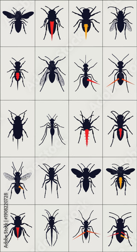 Vector illustration set of twenty distinct insect icons, including bees, wasps, ants, and mosquitoes, isolated on a light gray background.