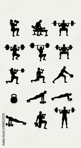 Vector black silhouettes of people performing various weightlifting and bodyweight exercises, including squats, lunges, presses, and planks, isolated on a light gray background.