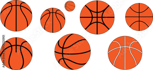 Various orange balls and shapes, including basketballs, ovals, and circles, on a white background. Vector, illustration