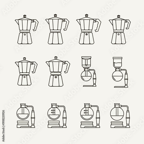 Vector line art illustration set of various Italian moka pot and siphon coffee makers, isolated on a light beige background, perfect for cafe menus or branding.