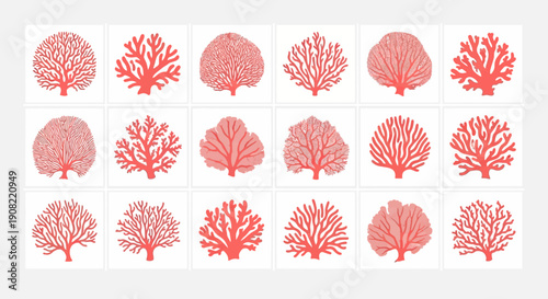 Red coral reef vector icon set. Underwater marine plant silhouettes, ocean flora collection, isolated on white