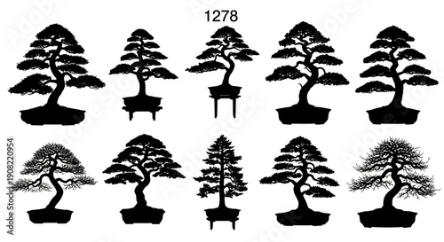 Bonsai tree vector silhouette set. Japanese miniature plant collection in pots, black isolated on white