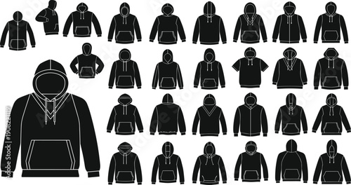 Hoodie silhouette illustration set, twenty-eight black icons plus detailed sweatshirt with pocket drawstrings varied sleeve hood styles, vector artwork, fashion and apparel theme, isolated background