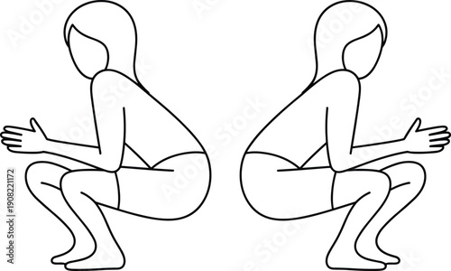 Squatting posture illustration, exercise pose, body alignment, fitness, biomechanics, anatomy, symmetrical movement, training, stretching,