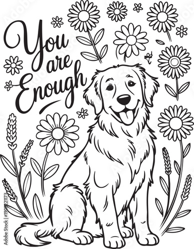Golden Retriever Dog Sitting Amongst Daisies and Wheat with Inspiring Text You Are Enough