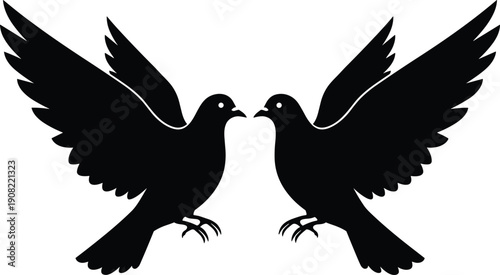 Black dove silhouette illustration, symmetrical flying birds with spread wings vector design isolated on white background for logo