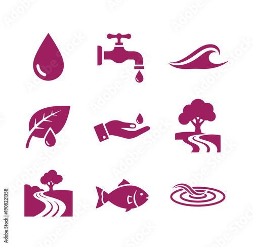 set of icons for World Water Day or water conservation  save water concept