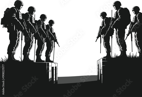 "Silhouetted soldiers standing on opposite edges of a trench, armed and alert, military standoff, combat readiness, war zone tension, armed forces"