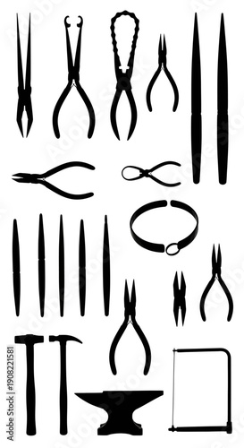 Jewelry making tools vector silhouette set: pliers, hammers, files, anvil, saw, bracelet, isolated on white