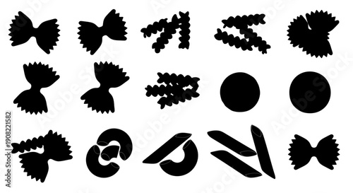 Pasta shapes black vector silhouettes set: farfalle, fusilli, penne, ditalini, orecchiette, rigatoni, macaroni, spaghetti, isolated on white