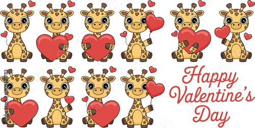 Cute Giraffe Valentine Character Icon Set  Holding Hearts and Love Symbols