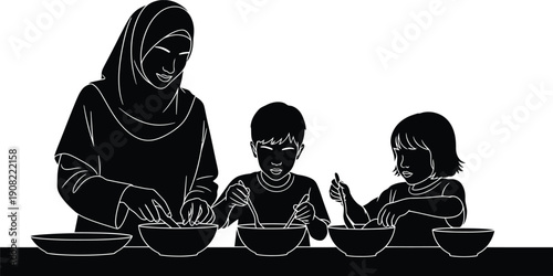 Muslim family cooking together, mother and children preparing food, silhouette vector illustration for lifestyle and culture concepts.
