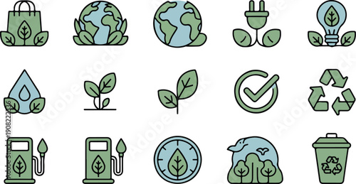 Eco Sustainability Outline Icon Set  Recycling, Energy Saving, and Nature