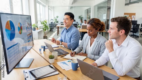 Diverse business team analyzing data dashboards on large monitor in modern office meeting.