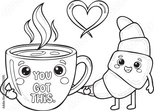 Kawaii coffee cup with text You Got This and smiling croissant character with heart