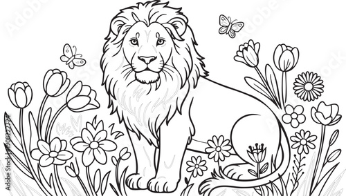 Lion sitting in a field of flowers and butterflies line for coloring pages80 characters Keywords