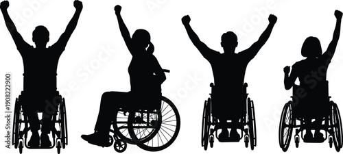 Disabled People in Wheelchair Celebrating Victory Silhouette, Freedom Success Motivation, Paralympic Spirit and Disability Empowerment Concept
